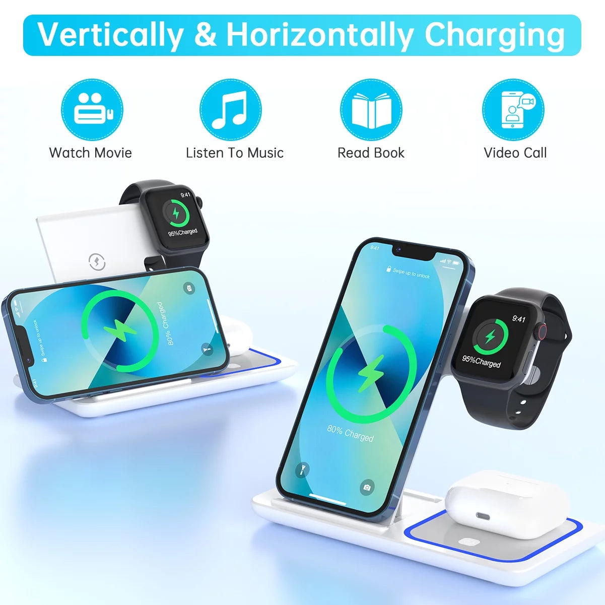 Wireless Charging Station, 18W 3 in 1 Charger Station, Fast Charging Dock Stand for Iwatch Series 11/10/9/8/7/6/SE/5/4/3, Compatible for Iphone 17/16 15 14 13 12 11 Pro Max/Samsung/ Airpod
